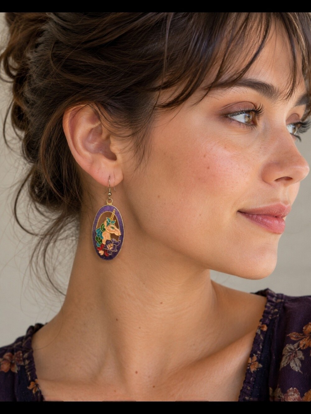 Vintage Cloisonne Enamel Unicorn Oval Dangle Earrings In Purple Green Peach